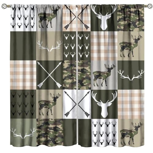 Fblifil Antler Camo Silhouette Kids Curtains,Green Rustic Girls Boys Adults Geometric Plaid Patchwork Arrows Boho Window Treatments for Living Room Bedroom Decor 42" W X 45" L