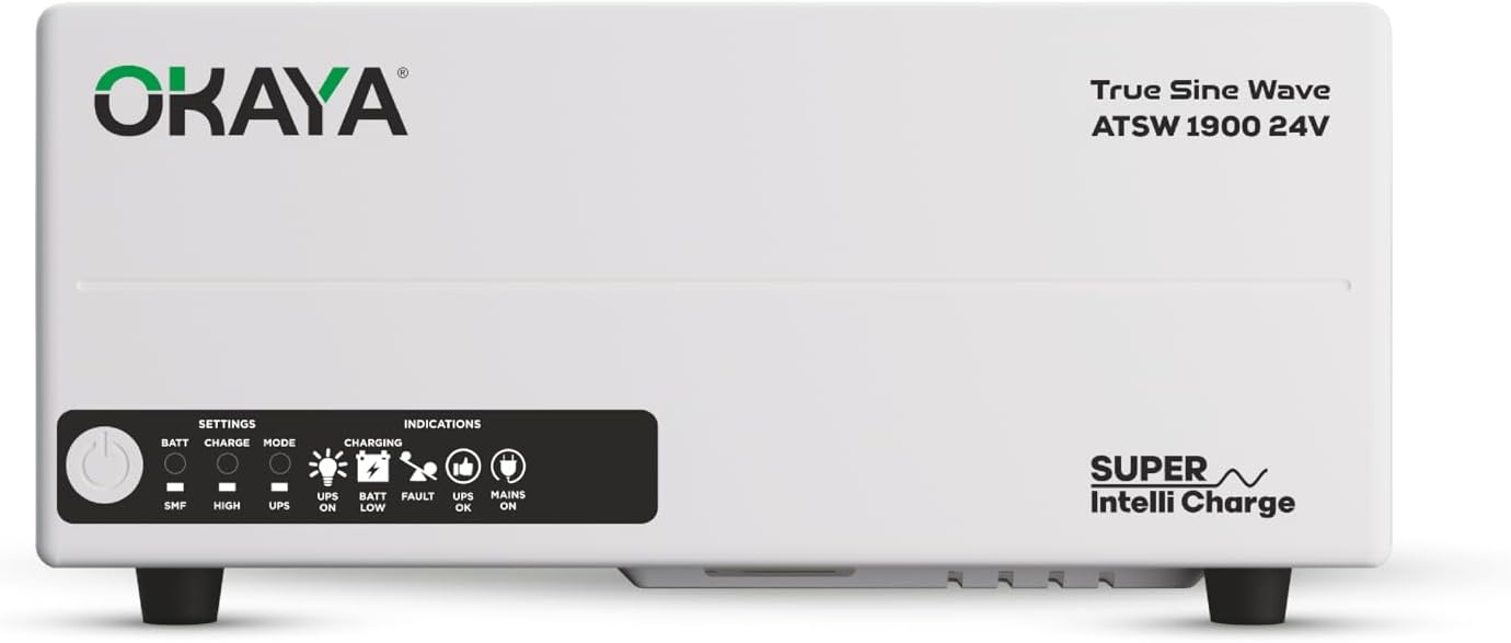 Okaya ATSW 1900 Inverter for Home, Office & Shops | 1650VA/24V Pure Sinewave | Reliable Power Backup | Supports 2 Inverter Battery | LED Display | Fast Charging | with 36 Months Warranty