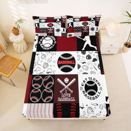 Image of Castle Fairy Patchwork Baseball Bed Sheet King Set,Sports Geometric Grid Red Sheet Sets Adults Room Decoration,Baseball Bedding Set with Flat,Fitted Sheet,2 Pillow Cases
