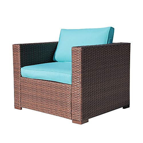 Oc Orange-Casual Outdoor Patio Armchair Sofa Chair All-Weather Wicker Furniture With Turquoise Cushions, Additional Chair For Sectional Sets, Garden, Backyard, Pool #TOP12