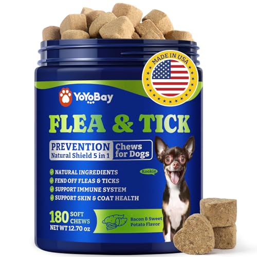 Image of Flea & Tick Prevention for Dogs Chewables, YoYoBay Natural Dog Fleas and Ticks Control Supplement, Dogs Supplement, Natural Shield 5-in-1 Protection, Bacon & Sweet Potato Flavor, 180 Soft Chews