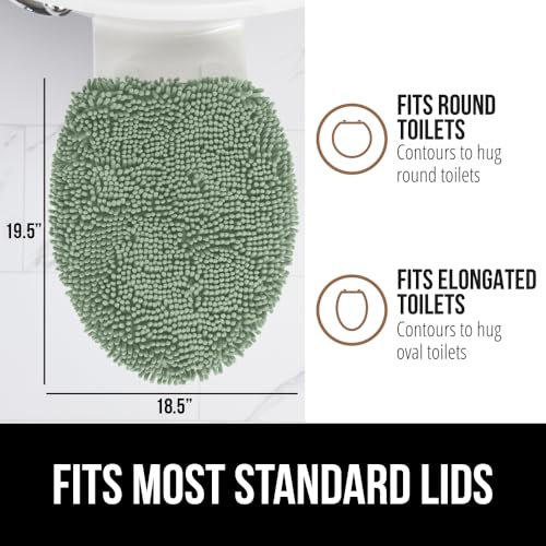 Image of Gorilla Grip Original Shag Chenille Bathroom Toilet Lid Cover, 19.5 x 18.5 Inches Large Size, Machine Washable, Ultra Soft Plush Fabric Covers, Fits Most Size Toilet Lids for Bathroom, Sage Green