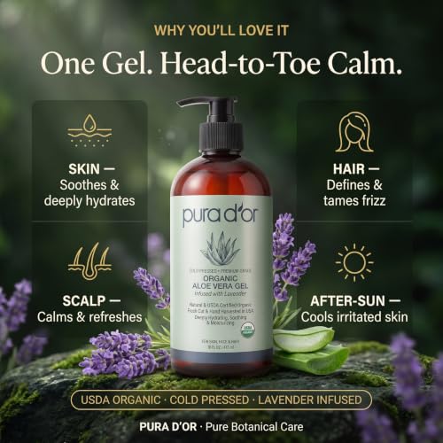 PURA D'OR ORGANIC Aloe Vera Gel Soothing Moisturizer, Lavender, 16oz | Fast-Absorbing, After-Sun Care, USDA Certified, Hydrating, Non-Sticky, Zero Artificial Preservatives, Vegan, Face, Hair, Body - image 7