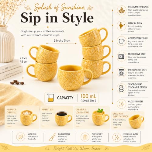 Image of Colorfull Ceramic Tea Cup Set of 6 Pcs - 100ml | Tea /Chai Cup Sets Coffee Mugs Ceramic Dinnerware Crockery for Kitchen | Ideal for Kitchen, Home Daily Use & Gifting (Lemon Yellow Bliss)