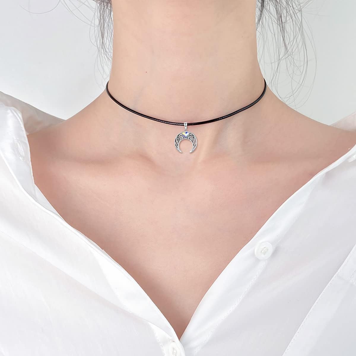 AOBOCO Leather Choker Necklace for Women 925 Sterling Silver Pendant with Crystal from Austria 16''