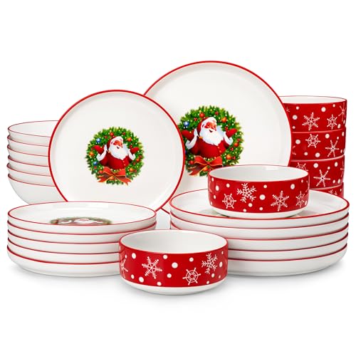MALACASA Plates and Bowls Sets, 24 Pieces Christmas Porcelain Dinnerware Set for 8, Ceramic Dishware Dishes White Kitchen Dinner Dining Ware Set, Microwave and Dishwasher Safe, Series LUNA-Santa Claus
