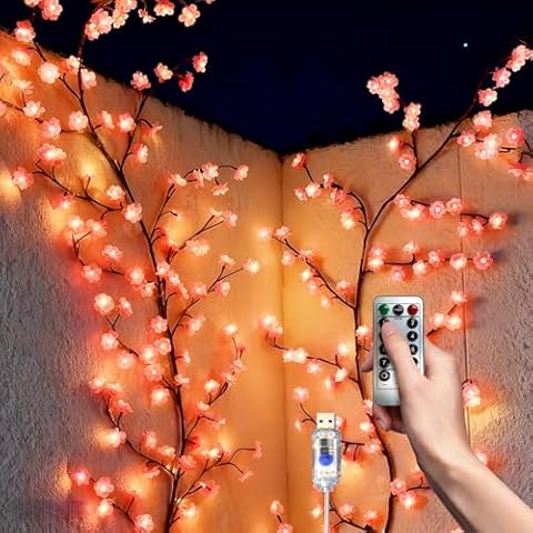 AMFUN LED Cherry Blossom Lights, Cherry Blossom Willow Vine Wall Decor Light, 8 Modes Cherry Blossom Lights with 48 LED, Remote,Timer, Decorations for Bedroom, Wall Art Cover