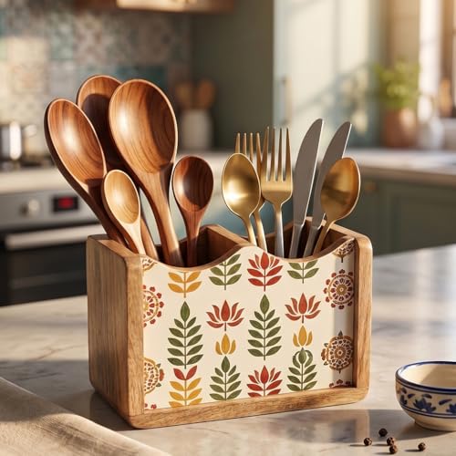 Image of The Earth Store Wooden Leafon Cutlery Holder 2 Division | 6 Inch White & Brown Spoon & Utensil Organizer | Table Top Kitchen Cutlery Stand for Dining Table & Counter Storage