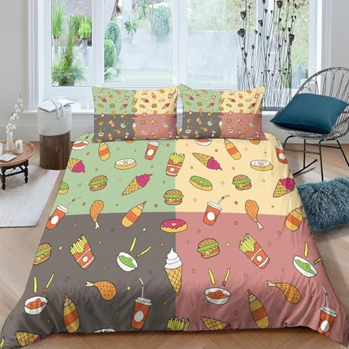 Funda Nordica Cama 90 Infantil Helado y Hamburguesa 3D Ropa de Cama 150x200 Funda Nórdica 3 Piezas Comida de Dibujos Animados Funda de Edredon de Suave con Cremallera y 2 Fundas de Almohada