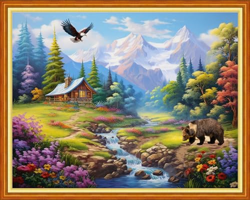 Image of Dooxvey Cross Stitch Kits for Adults, 16x20 inch Forest Landscape, 11CT Pre Printed Cotton Fabric, Embroidery Thread, Needles, Easy Instructions