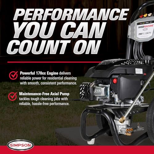 Image of Simpson Clean Machine 2900 PSI Gas Pressure Washer, 2.4 GPM, 25-ft Hose | Gas Power Washer For Homeowners. Axial Cam Pump, 25' Hose, Siphon Hose, 5 Nozzles. 49-State Compliant. CM61455