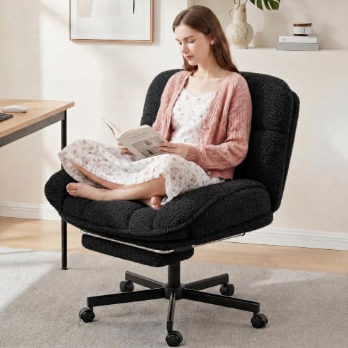 Image of DurayLoly Criss Cross Office Chair with Footrest, 28.15 inch Wide Seat | 6.3 inch Thick Cushion, 105-120 Rocking Function, Height Adjustable, 360 Swivel, Armless Design for All-Day Comfort - Black