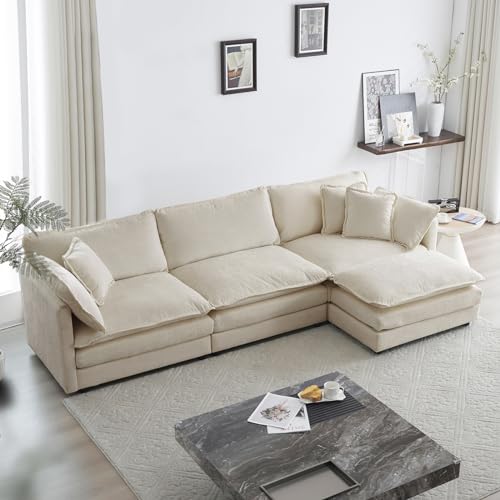 KIVENJAJA Chenille L-Shaped Modular Sectional Sofa, Modern 3-Seater Comfy Deep Seat Cloud Couch with Ottoman/Chaise & 5 Pillows for Living Room Office Apartment, 111.5â€W, Light Camel
