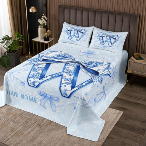 Erosebridal Customized Blue Floral Bow Bedspread Set King 3D Coquette Alphabet Initial W Coverlet Set Set for Kids Teens Girls Princess Preppy Bowknot Bed Sets Watercolor Aesthetic Blue Decor(W)