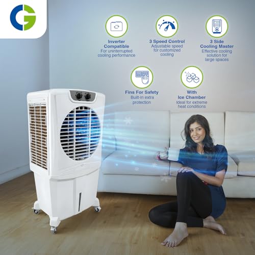 Image of CG Beluga 115L Desert Air Cooler for Home | Inverter Compatible | Ice Chamber | Castor Wheels | Water Level Indicator | Up to 45 Ft Air Throw | 3 Yr Motor and Pump Warranty | 1 Yr Product Warranty