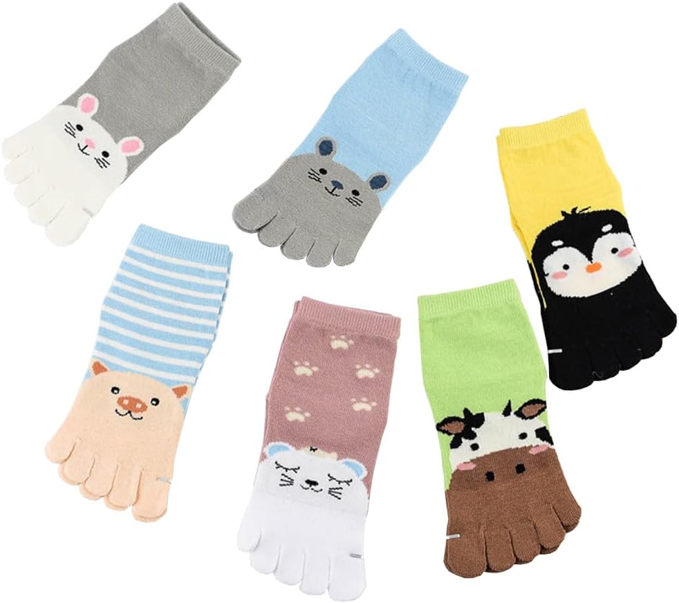 6 Pair Kids Toe Socks Cartoon Five Finger Cotton Socks Breathable Ankle Socks for Boys Girls