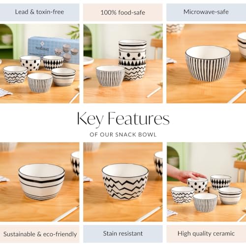 Image of Nestasia Ceramic Snack Bowl Set of 5 (350ml Each) - Dishwasher & Microwave Safe Bowls for Serving Soup, Rice, Dal, & Salad | Black & White Printed Bowls with Glossy Finish - Ideal for Gifting