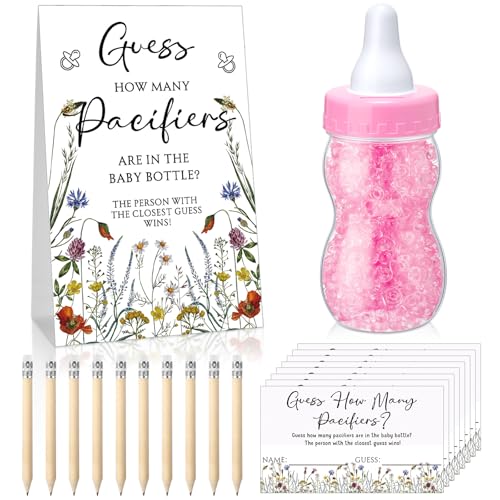 Image of Roowest 512 Pcs Baby Shower Games Guess How Many Pacifiers Sign 100 Small Guessing Games 10 HB Pencils 750ml Milk Bottle 400 Acrylic Pacifiers Decoration for Guest Gender Reveal(Pink,Bloom)