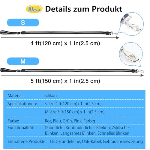 Aisuowa LED Hundeleine für Hunde, 12 Beleuchtungsmodi Reflektierend Leine Hund, 1,5 m, USB Aufladbar Leuchtend Wasserdicht Hundeleinen, Geeignet für Große, Mittelgroße und Kleine Haustiere Licht