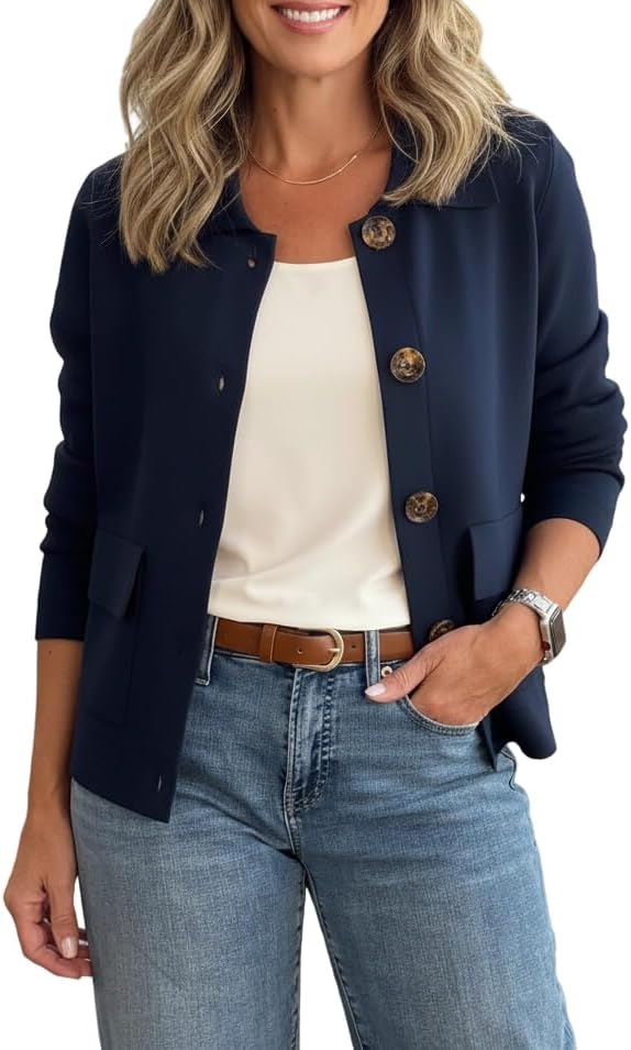 Women's Button Down Jacket with Pockets, Collared Casual Jacket, Soft Lightweight Outerwear for Daily & Office Wear