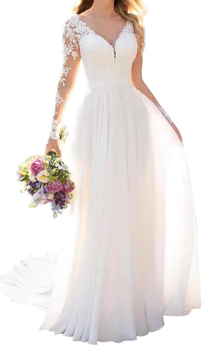 Yiann Women's Ivory Lace Beach Bridal Gowns Long Sleeve Chiffon Boho Plus Size Wedding Dress For Bride 2024 Uk24