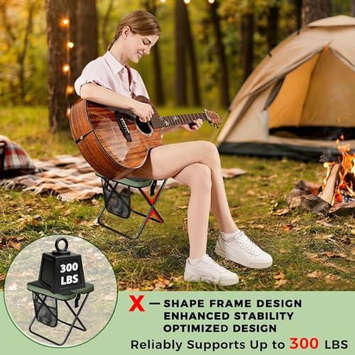 Image of Portable Folding Stool - 16 inch Tall Collapsible Backpack Stool with Storage Pouch, Hands-Free Carry & Supports 300 lbs, Ultralight for Hiking, Fishing, Camping, Festivals (Green, Large)