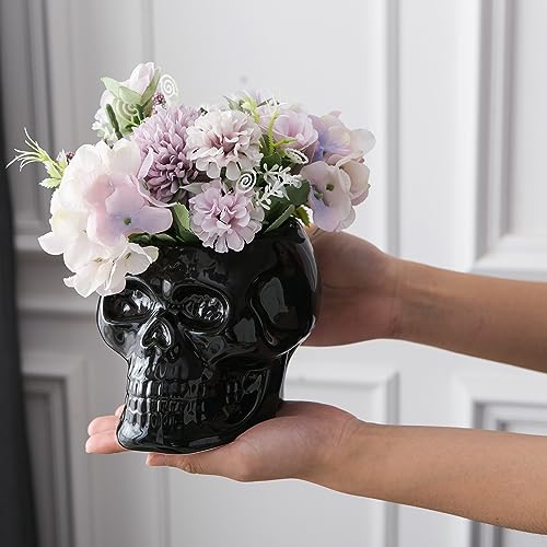 Image of Tanvecle Black Skull Planter Pots, Gothic Skeleton Vase for Halloween