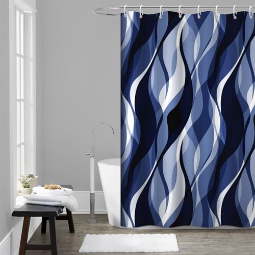 Ruelvth Navy Blue Striped Shower Curtain with Hooks for Bathroom 54x72 Inch by Ruelvth - Used condition - US$13.73