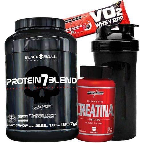 Explosão Muscular Black Skull Whey Protein 7 Blend 837g Creatina 60caps Coqueteleira way