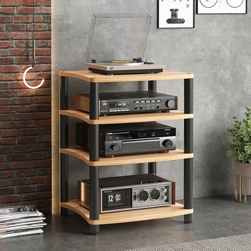 Soporte de TV para juegos y estante estéreo, torre de audio de 3/4 niveles para reproductor de discos, pequeño centro de entretenimiento para sala de estar, soporte de medios moderno amarillo de 34.6