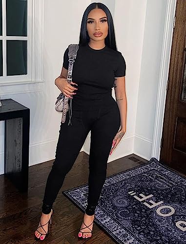 ZFLM Casual Workout Two Piece Outfits for Women Fitted Crew Neck T-shirt High Waist Pants Matching Sets Streetwear3