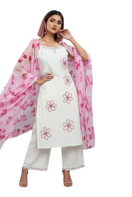 white hill enterprises Stylish Women Rayon Slub White Kurti Set with Pant & Floral Printed Kota Blue Dupatta | Straight Fit Sleeveless Kurta | Daily Wear Ethnic Set-picture-53
