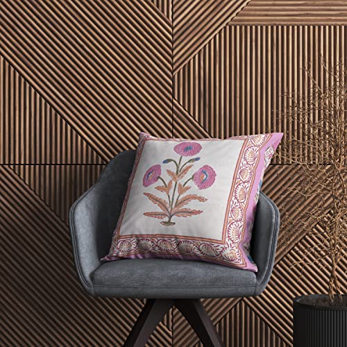 Image of BLOCKS OF INDIA Hand Block Printed Cotton Linen Cushion Cover (16 X 16 Inches) (Brown Purple Motifs), 250 TC