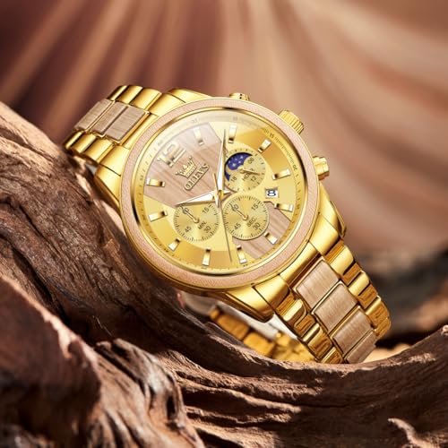 Image of OLEVS Men Watch Wooden Accent Band Multi Function Dial Luminous Waterproof Casual Luxury Business Watch
