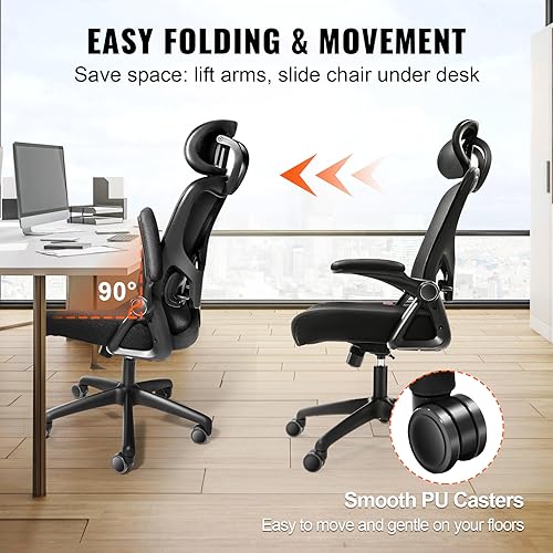 Image of VEVOR Ergonomic Office Chair, Adjustable Lumbar Support and Headrest, Home Desk Chair with Flip-up Armrest, 90-128 Tilt Rocking and Thickened Seat, Mesh Computer Chair for All Day Comfortable Sitting