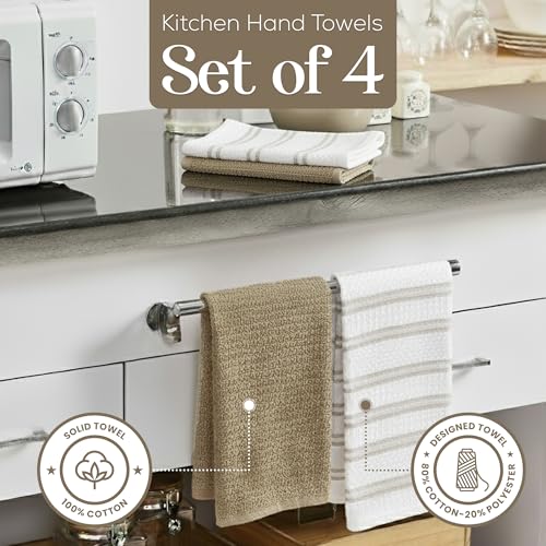 Image of Kitchen Towels Set of 4, Cotton Waffle Weave Dish Towels, 2 Solid & 2 Striped Kitchen Hand Towels, Super Absorbent Taupe and White Tea Towels, 18 x 28 Inch