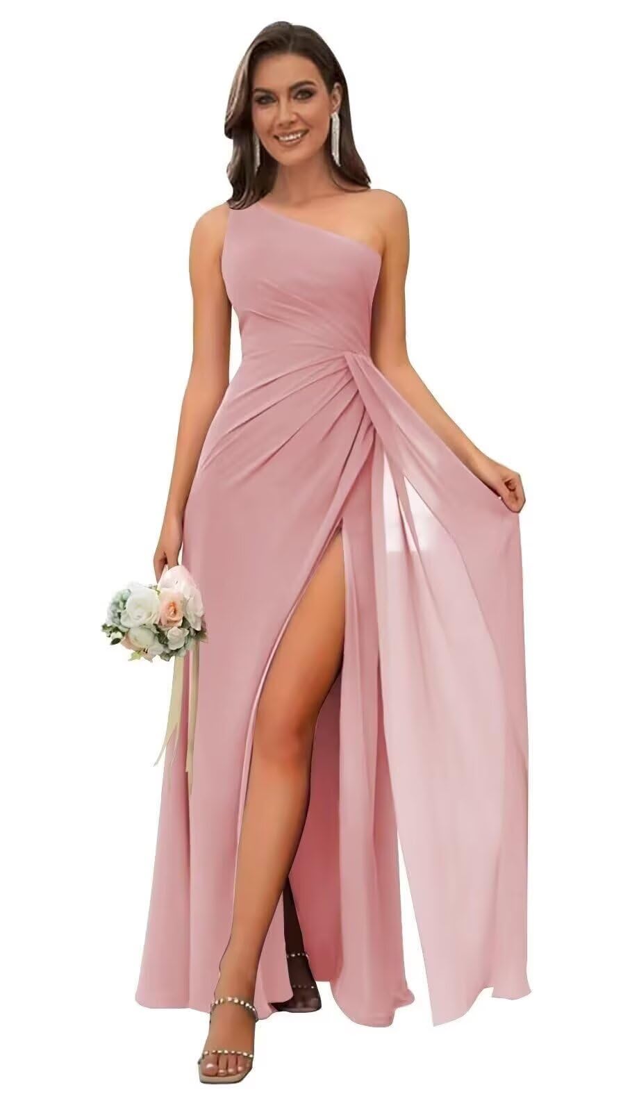 Bolodoo One Shoulder Bridesmaid Dresses for Women Ruched Chiffon A Line Evening Formal Gown with Slit