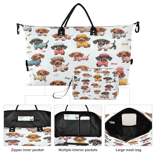 Large Foldable Travel Duffel Bag, Waterproof Gym Bag for Men & Women, Carry-On Luggage Weekender Overnight Bag, Dapper Dachshund Print2