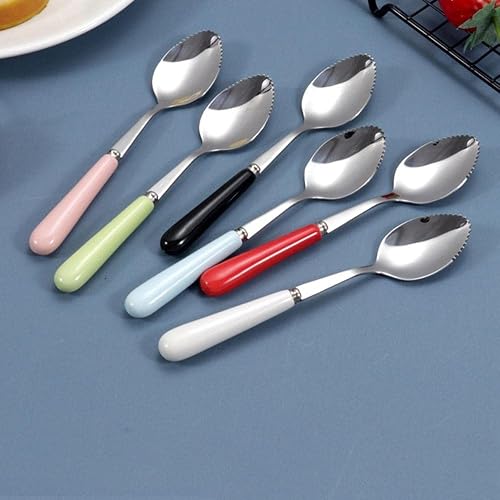 Miniatura 4 de Cucharas de pomelo, cuchara dentada de acero inoxidable con mango de cerámica multicolor para cocina (plata, blanco)
