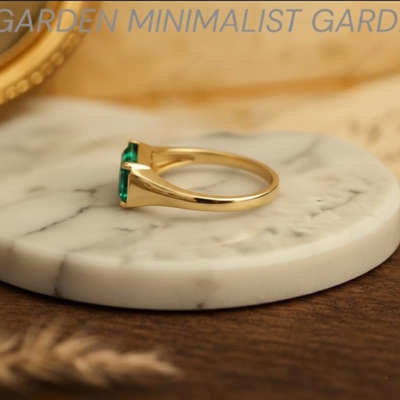 Emerald Cut Green Gemstone Ring in 14K Gold Plated Silver Horizontal East West SettingGarden Minimalist Jewelry for Her Handmade Jewelry GMR103