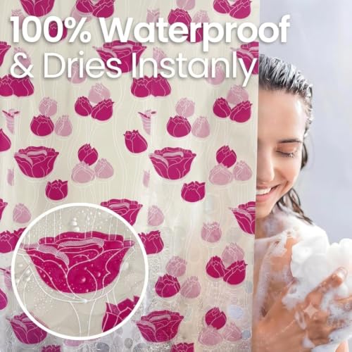 Image of Shower Curtain 7 Feet | Waterproof PVC Printed Bathroom Curtain with 8 Rings | Transparent Stone Print Bathtub Curtain | Extra Long Bathroom Liner, Waterproof & Easy to Clean (Pink Rose,Pack Of 1)