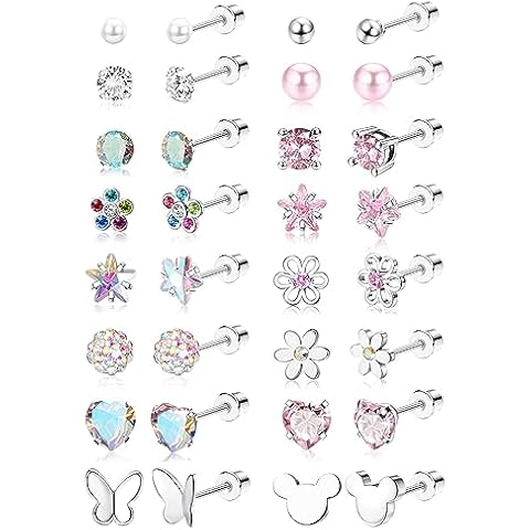 CASSIECA 16 Pairs Hypoallergenic Screw Back Earrings for Women Girls 316L Stainless Steel CZ Pearl Ball Heart Flower Screwback Flat Back Stud Earrings Jewelry Gift Women Multicolored Pink Cover