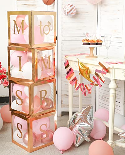 Image of Fonder Mols 4pcs Rose Gold Transparent Balloon Boxes with MISS TO MRS Letters for Wedding Bridal Shower Engagement Cake Smash Backdrop(No Balloons)