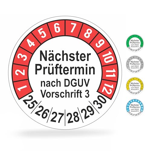 beihaasnatuerlich® 112 Stck Prüfplaketten Nächster Prüftermin, 20 mm Ø, Prüfetiketten nach DGUV V3, 2025-2030, Prüfaufkleber, E-Check Prüfetikett, Plakette für Elektrogeräte (Rot, 1 Bogen)