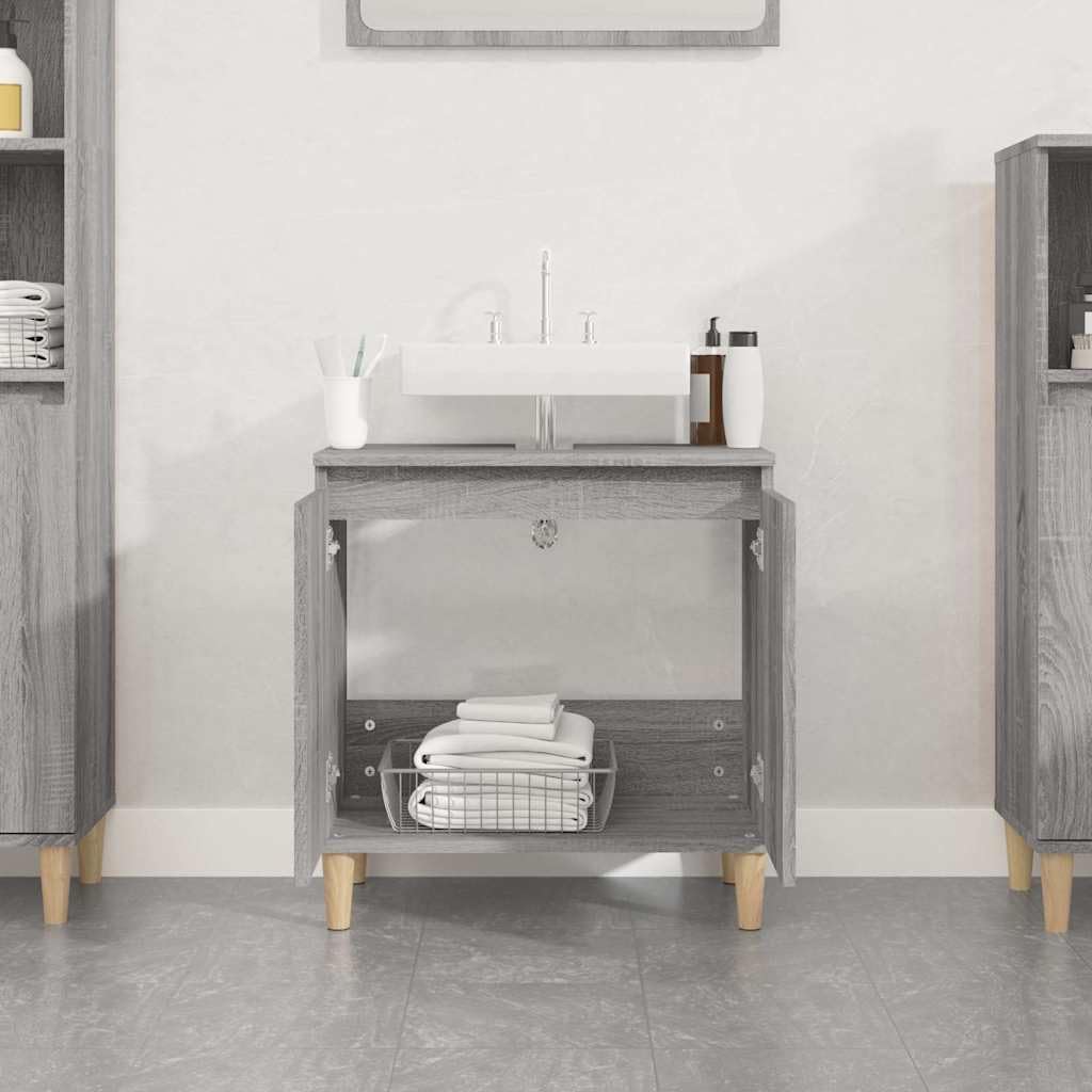 Mobile sottolavabo grigio Sonoma in legno 58 x 33 x 60 cm, mobile da bagno con vano portaoggetti, ante e ripiano, salvaspazio per WC e lavanderia