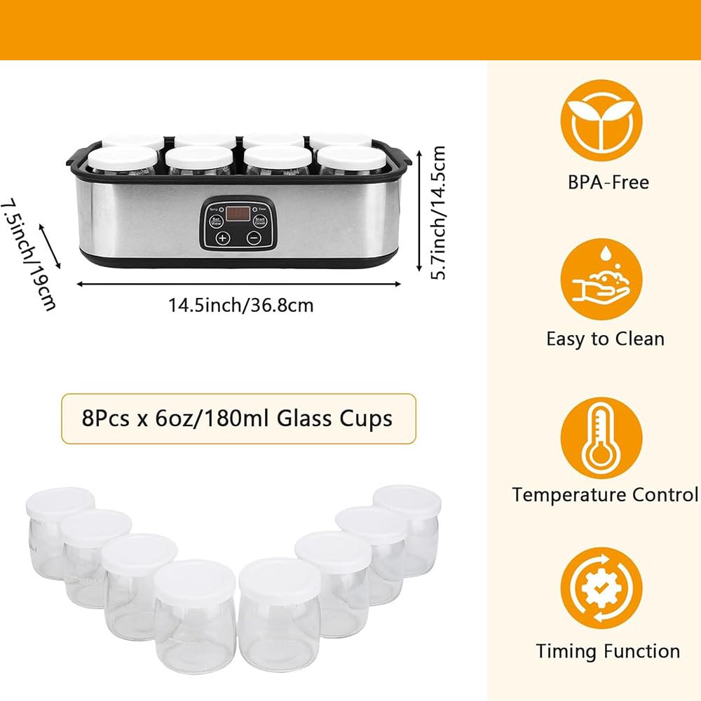 Yogurtiera Elettrica in Acciaio Inox con 8 Vasetti in Vetro, Display a LED, Temperatura Regolabile e Timer, per Preparare Il Natto Biologico