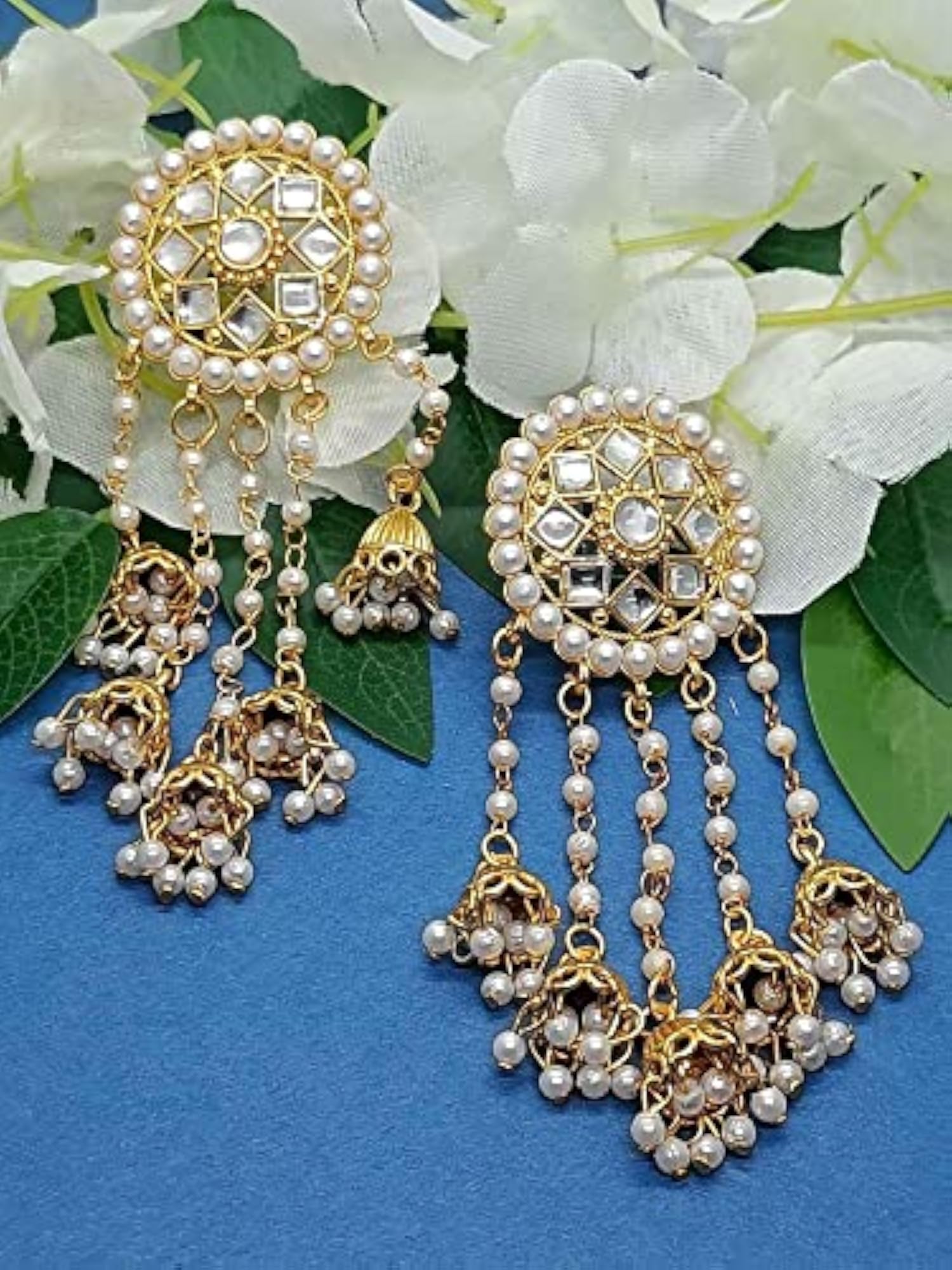 Women's Antique Gold Tone Kundan & Pearls Chain Fringe Dangle Earrings