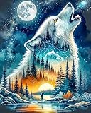 FLAJZ Malen Nach Zahlen Erwachsene, DIY Handgemalt Tiere Ölgemälde Set für Anfänger und Erwachsene, Malen Nach Zahlen Wolf mit 3 Pinseln und Acrylfarbe zur Heimdekoration, Ohne Rahmen (40×50cm)