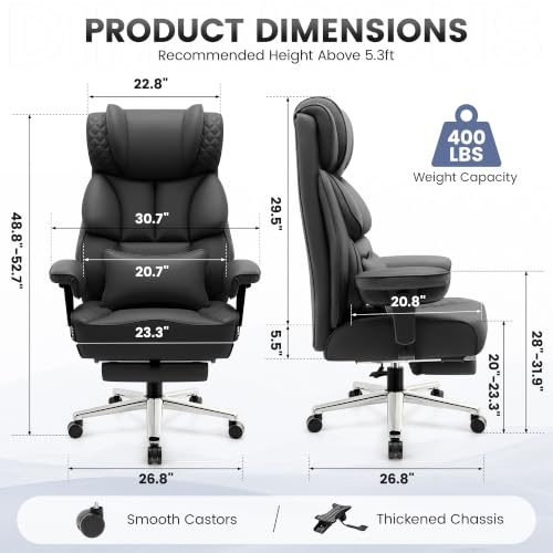 Image of Office Desk Chair, Big and Tall Leather Gaming Chair with Footrest, Wide Ergonomic Comfy Executive High-Back Reclining Computer Chairs, Swivel Rolling Wheels and Padded Lumbar Support, Black Updated