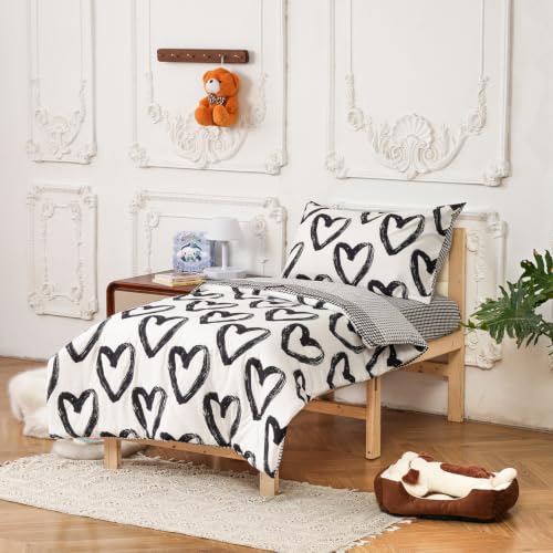 Image of Wellboo Black White Love Toddler Bedding Sets for Girls Boys Cute Cartoon 4 Pieces Soft Crib Bed Set Including Comforter, Sheets and Pillowcase Child Black and White Heart Quilt